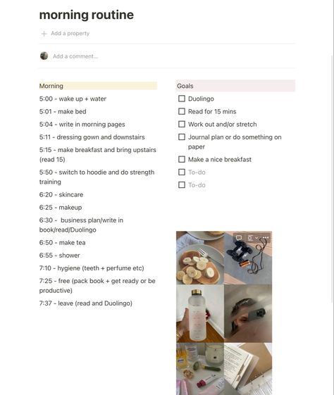 Morning routine taken from a notion page Work Daily Routine, Productive Morning Routine Checklist, Coquette Morning Routine, Morning Routine Notion, 4am Morning Routine, Morning Routine Planner, Realistic Morning Routine, Routine Work, Morning Schedule