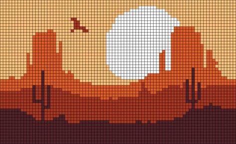 Desert Cross Stitch Pattern, Desert Alpha Pattern, Arizona Cross Stitch, Texas Pixel Art, Western Alpha Pattern, Aesthetic Alpha Patterns, Pixel Landscape, Nature Pixel Art, Autumn Pixel Art