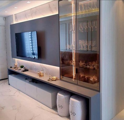 Bar Unit With Tv Unit, Tv Unit Bar Design, Modern Glass Cabinets Display Living Room, Home Bar Tv Wall, Tv Wall Design With Bar Unit, Tv Wall With Bar Unit, Tv Wall With Bar, Bar And Tv Unit, Tv Unit With Bar Cabinet