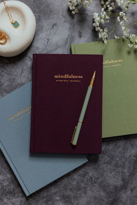 The Mindfulness Everyday Journal comes in three beautiful colors: green, blue, and burgundy. ✨ Notebooks Aesthetic, Everyday Journal, Free Vision Board, Comic Sketch, Notebook Aesthetic, Personalised Stationery, Inspirational Content, Blue And Burgundy, Wedding Journal