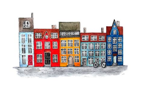 Art print of watercolor and pen & ink drawing of a row houses inspired by colorful houses along the river in Copenhagen, Denmark. Copenhagen Watercolor, Nyhavn Copenhagen, House Doodle, Watercolor And Pen, Row Houses, Colorful Houses, 8x10 Art Prints, House Illustration, Row House