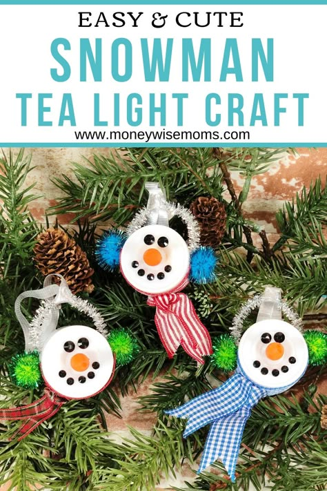 Use battery-operated tea lights to make this adorable Snowman Craft this winter. A tea light snowman craft easy enough for tweens to do alone. Tea Light Snowman Ornament, Tea Light Christmas Crafts, 4th Grade Christmas Crafts, Dollar Tree Snowman, Tea Lights Christmas, Tea Light Crafts, Sock Snowman Craft, Tea Light Snowman, Snow Crafts