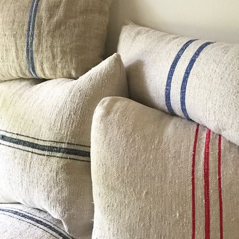 European Farmhouse Living Room, Farmhouse Furniture Diy, Vintage Grain Sack, Grain Sack Fabric, Grain Sack Pillows, European Farmhouse, Trendy Living Rooms, Grain Sack, Diy Farmhouse Decor