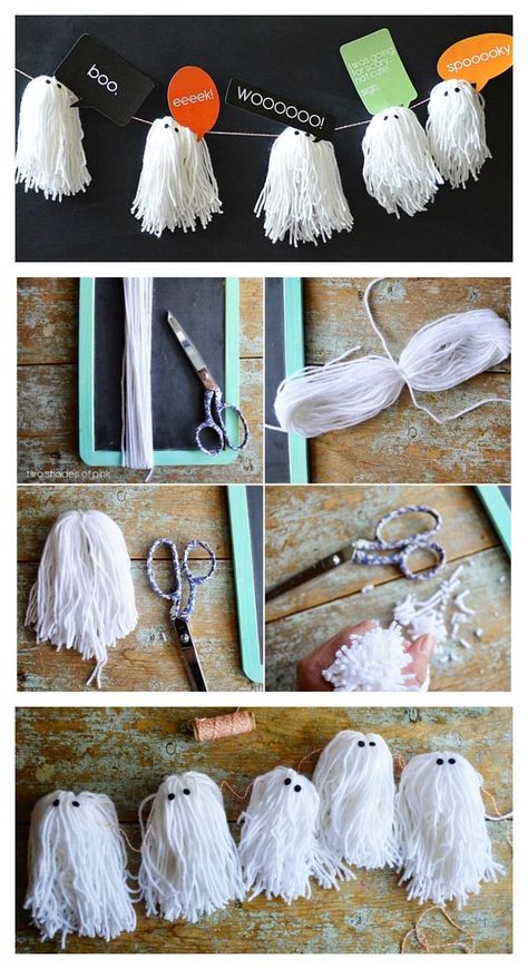 DIY Yarn Ghost Garland | Cute Halloween Decorations Yarn Ghost Garland, Yarn Ghost, Porta Halloween, Ghost Garland, Halloween Decor Diy, Cute Halloween Decorations, Casa Halloween, Diy Halloween Decor, Adornos Halloween