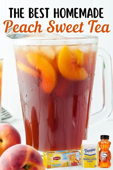 Our Sweet Peach Iced Tea is summer in a glass. Fresh peaches meet homemade iced tea for a refreshing, naturally caffeinated delight. We guarantee you will love this Southern summer staple and it is a foolproof recipe! Peach Tea Cocktail, Flavored Tea Recipes, Peach Sweet Tea, Flavored Iced Tea Recipes, Peach Tea Recipe, Iced Tea Recipes Homemade, Homemade Iced Tea, Peach Iced Tea, Sweet Tea Recipes