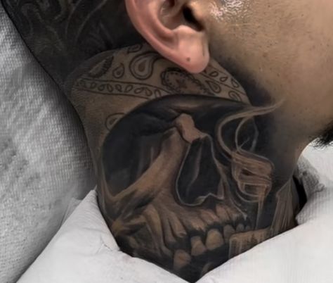 Skull Neck Tattoo For Men, Grim Reaper Neck Tattoo, Hood Neck Tattoos, Neck Tattoo For Guys Men, Back Head Tattoo, Chicano Neck Tattoos, Under Neck Tattoo, Mexican Gangster Tattoos, Skull Tattoos Men