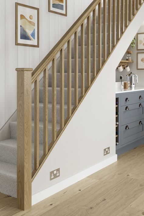 Contemporary Oak Stairs, Staircase Ideas Oak, Oak Staircases Ideas, Oak Staircase With Carpet, Staircase Ideas With Carpet, Howdens Staircase, New Build Staircase Ideas, Bungalow Staircase Ideas, Stairs Balustrade Ideas