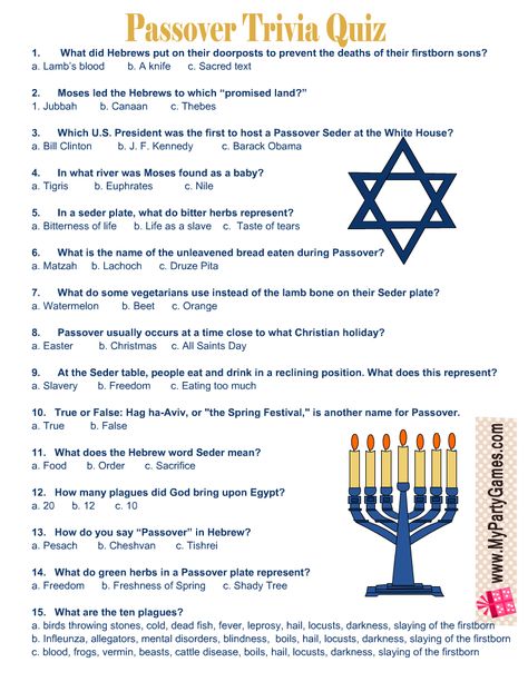 Free Printable Jewish Passover Trivia Quiz with Answer Key Passover For Kids, Passover Games, Passover Printables, Seder Meal, Jewish Passover, 10 Plagues, The Adventure Challenge, Passover Table, Games Poster