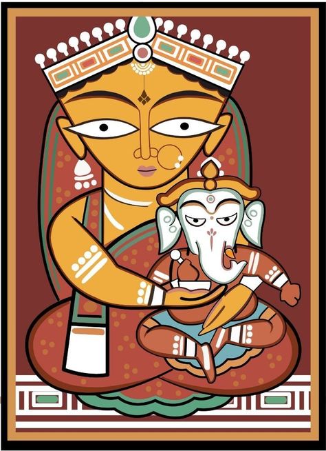 Jamini Roy Durga Paintings, Kalighat Paintings Jamini Roy, Jamini Roy Art, Jamini Roy Paintings Folk Art, Bengal Folk Art, Jamini Roy Paintings, Kalighat Paintings, Bangla Art, Bengal Art