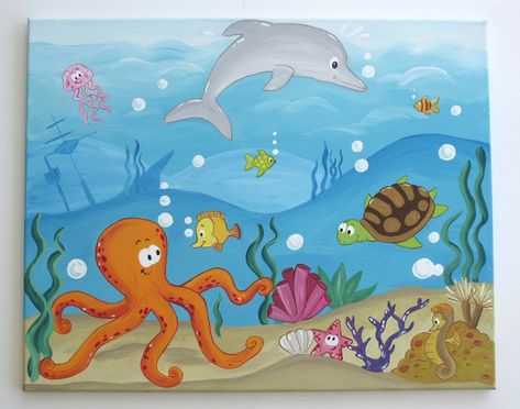 Under The Sea Drawings, Underwater Drawing, Ocean Mural, Ocean Drawing, Sea Drawing, Underwater Painting, Scene Drawing, Underwater Art, Sea Painting