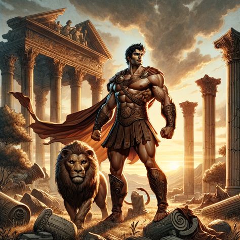 A majestic, detailed illustration of Hercules as depicted in ancient Greek mythology, standing heroically amidst the ruins of an ancient Greek temple. Hercules, a muscular figure with short dark hair, is clad in traditional Greek warrior attire, including a lion's skin cloak. His face shows determination and strength. In the background, ancient Greek columns and broken statues lie amidst a... Hercules Greek Mythology, Hercules God, Hercules Mythology, Warrior Attire, Ancient Greek Columns, Hercules Art, Hercules Marvel, Greek God Sculptures, Ancient Greek Temple