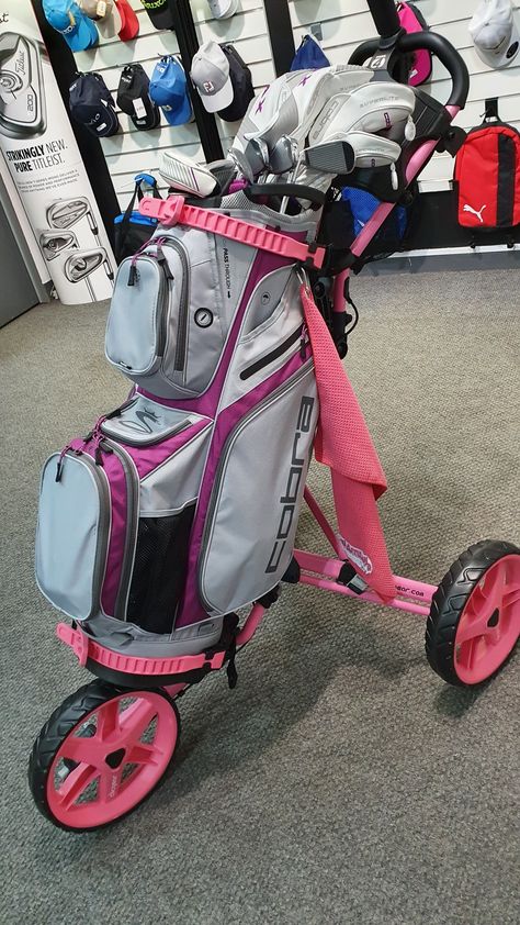 Pink clicgear push cart, ladies cobra golf clubs Golf Girl, Cobra Golf, Golf Push Cart, Big Girl Toys, Push Cart, Golf Bag, Golf Carts, Aesthetic Vintage, Golf Outfit