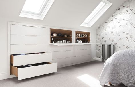 Small Loft Bedroom, Loft Conversion Bedroom, Attic Bedroom Storage, Eaves Storage, Attic Bedroom Designs, Storage Solutions Bedroom, Loft Storage, Attic Design, Attic Bathroom