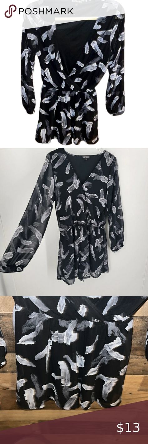 Express Feather Print Black Gray Long Sleeve V Neck Romper Size XS V Neck Romper, White Feather, Feather Pattern, Gray Long Sleeve, White Feathers, Feather Print, Sheer Sleeves, Grey Long Sleeve, Black Gray