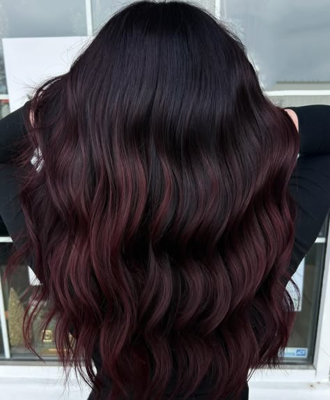 Dark Brown And Mahogany Hair, Rich Chocolate Brown Hair Color With Highlights, Mahogany And Black Hair, Black Mahogany Hair Color, Brunette Hair With Maroon Highlights, Black Hair Mahogany Highlights, Burgundy On Brown Hair, Cool Tone Burgundy Hair, Dark Burgundy Ombre Hair