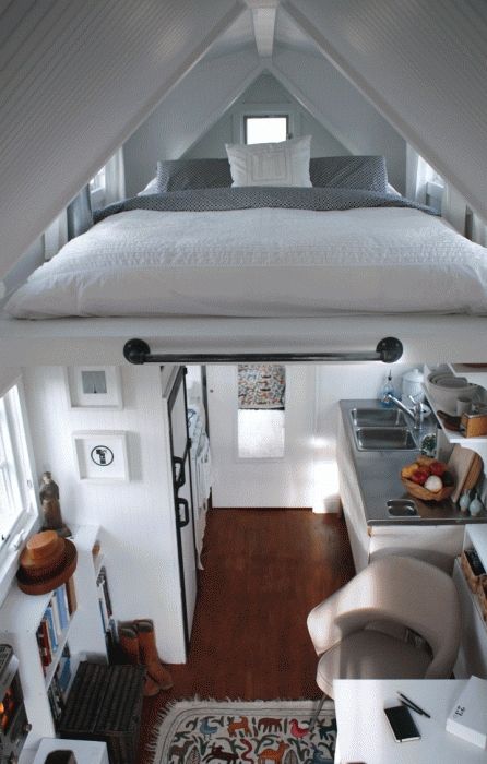 bedrooms - small, living, space, beadboard, walls, kitchen, bedroom, beadboard, sloped ceilings, otomi, rug, mid-century modern, chair, smal... Bachelor Apartments, Trailer Home, Tiny Spaces, Design Del Prodotto, Tiny House Living, Tiny Living, Wainscoting, Tiny Homes, Little Houses