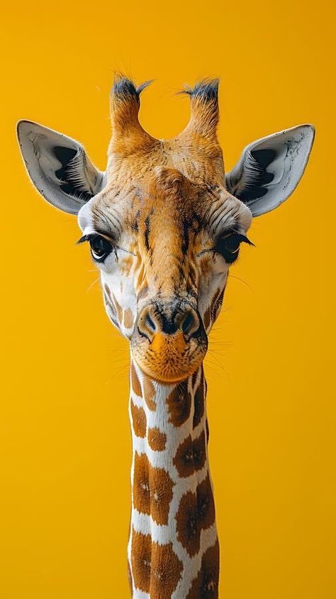 Closeup of a giraffes head showing hair, eye, and neck on a yellow background royalty free stock images Giraffe Side View, Giraffe Color Palette, Animal Head Silhouette, Giraffe Eyes, Giraffe Photography, Giraffe Portrait, Giraffe Face, Giraffe Images, Giraffe Colors