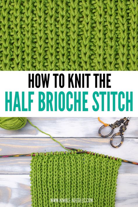 A step by step tutorial on how to knit the half brioche stitch. A lovely and voluminous knitting stitch pattern with two very different sides. Half Brioche Knit Stitch, Half Brioche Stitch, Double Stitch Knitting, Knit Brioche Stitch, How To Knit Brioche Stitch, Double Stockinette Stitch, Brioche Knitting Tutorial, Brioche Stitch Knitting, Knitting Stitches In The Round