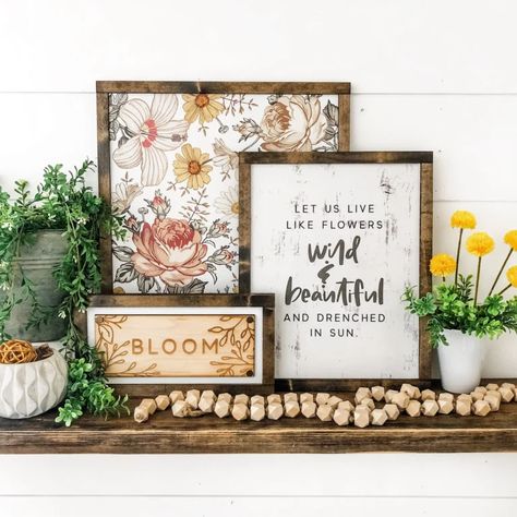 28 Fresh And Inviting Spring Decor Ideas For Your Home Or Apartment | Five Senses of Living % Layering Signs, Shelf Signs, Spring Mantle Decor, Spring Mantle, Custom Housewarming Gift, Booth Inspiration, Home Decor Spring, Handmade Leather Jewelry, Floral Signs