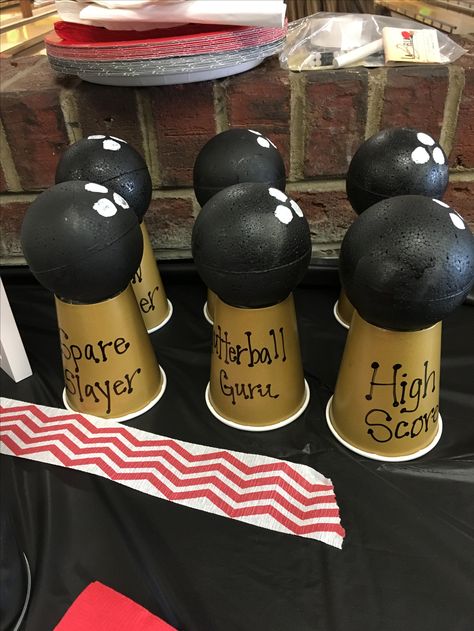 Bowling Party Prizes! 60th Birthday Bowling Party, Bowling Banquet Ideas, Bowling Prizes, Bowling Decor, Diy Bowling Alley, Bowling Party Ideas, Bowling Alley Party, Kids Bowling Party, Bowling Party Themes