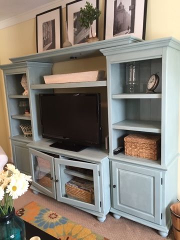 Annie Sloan chalk painted entertainment center | The Style Sisters Painted Tv Cabinet Ideas, Entertainment Center Paint Ideas, Painting An Entertainment Center, Sage Green Entertainment Center, Blue Entertainment Center, Painted Entertainment Center, Painted Entertainment Centers, Garage Update, Casa Clean