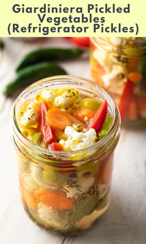 Spicy Pickled Vegetables Recipe, Pickles Refrigerator, Giardiniera Recipe, Muffuletta Recipe, Refrigerator Pickle Recipes, Pickled Vegetables Recipe, A Spicy Perspective, Vegetable Prep, Refrigerator Pickles