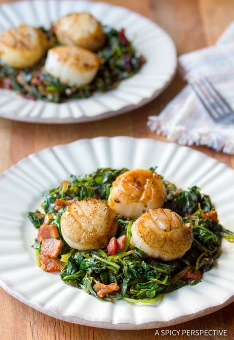 Healthy Seared Scallops with Wilted Greens | ASpicyPerspective.com Wilted Greens, Greek Lemon Chicken Soup, Lemon Chicken Soup, A Spicy Perspective, Healthy Dinner Options, Greek Lemon Chicken, Seared Scallops, Sea Scallops, Scallops Seared