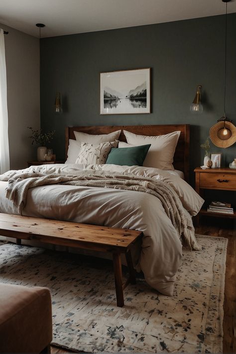 Master Bedding Color Schemes, Cozy Bedroom Dark Furniture, Cottage Master Bedrooms Decor Cozy, Cozy Modern Bedroom Ideas, Young Couple Bedroom Ideas, Modern Cozy Bedroom Neutral, Adult Bedroom Ideas For Couples, Couple Bedroom Ideas Married Modern, Bed Rooms Ideas For Couples