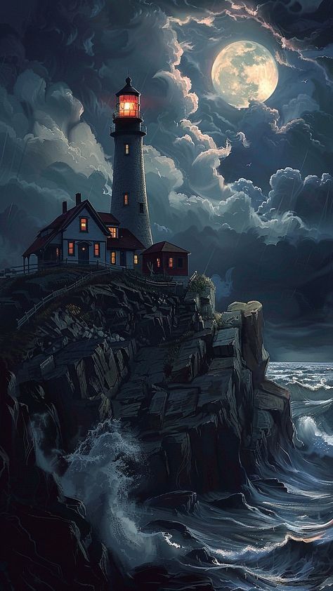 Lighthouse At Night Painting, Pirate Superstitions, Spooky Lighthouse, Lighthouse Background, Lighthouse Aesthetic, Lighthouse Wallpaper, Lighthouse Night, Dreamy Night Sky, Lighthouse At Night