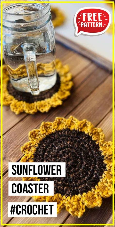 Crochet Cup Coaster, Sunflower Coaster, Sunflower Coasters, Quick Crochet Projects, Crochet Flowers Easy, Crochet Coaster Pattern, Yarn Bee, Crochet Sunflower, Cup Coaster