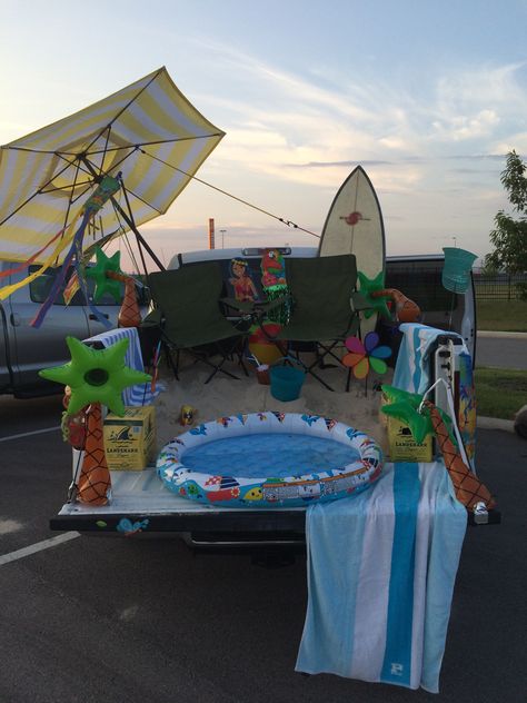 Our truck bed tailgate, set up for Buffett tailgating in Austin, TX 2014 Truck Bed Parade Float, Beach Floats Parade, Trunk Or Treat Ideas Truck Bed, Trunk Or Treat For Truck Beds, Truck Bed Trunk Or Treat Ideas, Trunk Or Treat Ideas For Trucks Bed Easy, Trunk Or Treat Truck Bed, Trunk Or Treat Ideas For Trucks Bed, Trunk Or Treat Truck