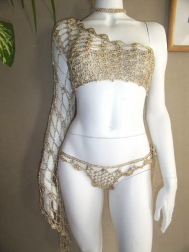 hand Crocheted metallic Gold satin thread One Shouldered "Club" top and optional Brazilian bottom Siren Crochet Top, Off The Shoulder Crochet Dress, Avatar Navi Tops, Tsireya Clothes, Crochet Club Outfit, Metkayina Outfits, Metkayina Clothes, Crochet Mermaidcore, Metkayina Clothing