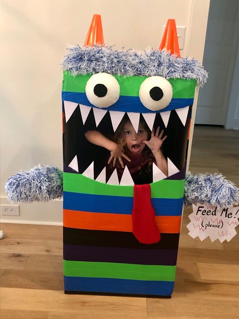 Cardboard Box Monster, Halloween Candy Box Ideas Diy, Candy Monster Donation Trash Can, Candy Monster Donation Bin, Candy Donation Box Monster, Monster Box For Candy, Candy Monster Donation, Halloween Candy Box Ideas, Candy Donation Box Ideas Halloween