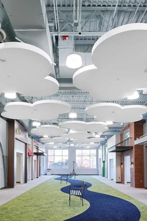 Under a quiet sky. AcoustiBuilt clouds and FeltWorks Blades - HookOn bring down the noise and add unexpected delight to the halls of Junior Achievement of Memphis. Acoustical Ceiling Clouds, Ceiling Cloud Design, Acoustic Clouds, Ceiling Clouds, Cloud Office, Indoor Playground Design, Junior Achievement, Acoustical Ceiling, Cloud Ceiling