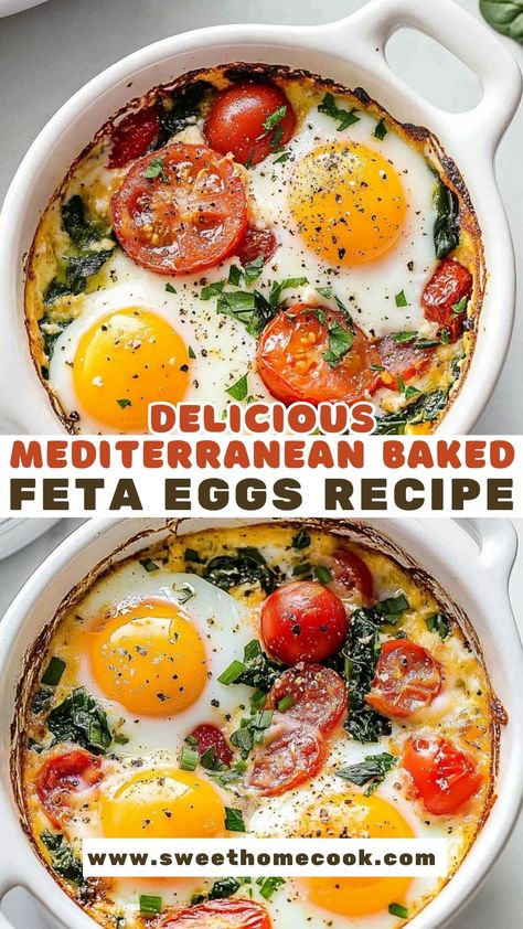 Enjoy the rich flavors of Mediterranean baked feta eggs, a perfect meal idea for breakfast or brunch! This easy recipe combines creamy feta, tomatoes, and eggs for a wholesome and delicious dish. Great for meal prep or a quick lunch option. Try it today and elevate your meals! Mediterranean Feta Egg Bake, Baked Feta Eggs, Mediterranean Eggs, Mediterranean Breakfast Recipes, Whole Foods Meals, Feta Eggs, Tomatoes And Eggs, Idea For Breakfast, Mediterranean Recipes Healthy