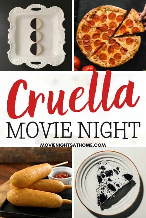 101 Dalmatians Party, Disney Dinner And Movie Night, Family Movie Night Themes, Family Movie Night Snacks, Disney Movie Night Menu, Cruella Movie, Disney Themed Movie Night, Disney Movie Night Food, Disney Movie Night Dinner