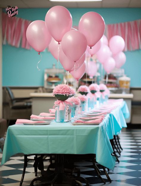 Sock Hop Party Ideas For Adults | Diner 1950s Parties Inspo | Now thats Peachy Sock Hop First Birthday, Sock Hop Party Ideas For Adults, Sock Hop Birthday Party, 50s Birthday Party Theme For Adults, Sock Hop Party Ideas, 1950s Party Decorations, 1950s Party Ideas, 50s Party Decorations, 1950s Table