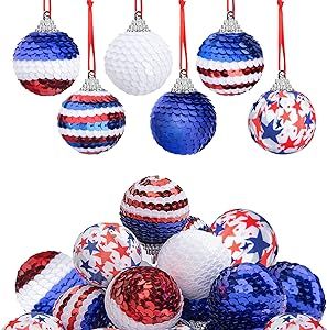 Deloky 24 Pcs Independence Day Sequin Balls Ornaments- 1.57 Inch 4th of July Patriotic Ornaments Hanging Balls- Red White Blue Tree Balls Ornaments for Memorial Day Veteran Day Tree Decorations Patriotic Ornaments, Blue And White Flag, Festival Atmosphere, Memorial Day Decorations, Veteran Day, Sequin Ornaments, White Flag, Blue Tree, Star Ornament