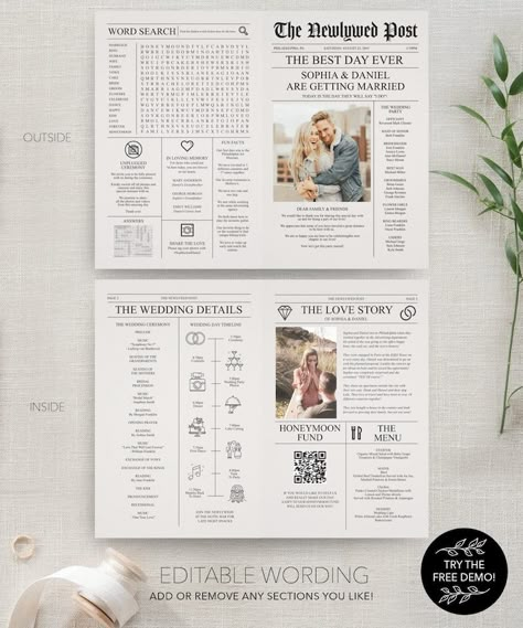 Newspaper Wedding Program Template, Printable Wedding Programs With Timeline, Infographic, Folded Program, Newspaper Editable Template, A4 - Etsy Sweden Folded Newspaper, Newspaper Wedding Invitations, Wedding Newspaper Template, Newspaper Wedding, Ceremony Program Template, Newspaper Wedding Programs, Newspaper Program, Printable Wedding Programs, Wedding Newspaper