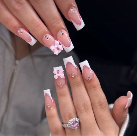 Bow Nail Designs, Bow Nail, Cute Simple Nails, Nails Red, Nails French, Bling Acrylic Nails, Pink Acrylic, Pink Acrylic Nails, Prom Nails