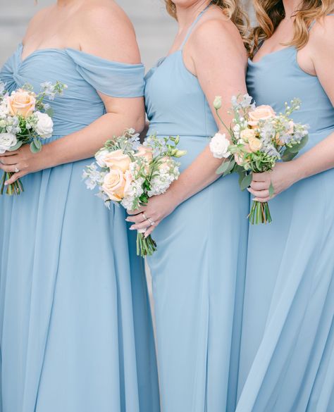 Sweet and petite bridesmaid bouquets. Pastel coral and pale blue with wispy, whimsical greens! Petite Bridesmaid Bouquet, Pale Blue Bridesmaid Dresses, Pastel Bridesmaids, Bridesmaid Bouquets, Pastel Wedding, Blue Bridesmaid Dresses, Bridesmaid Bouquet, Pinterest Board, Wedding Pinterest