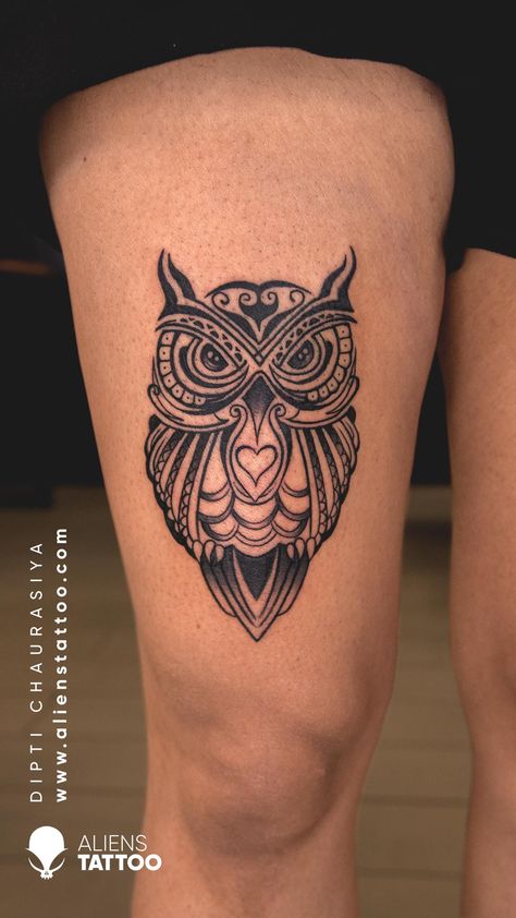 Owl Tattoo Design For Men Arm, Neo Traditional Owl Tattoo Design, Simple Owl Tattoo Men, Night Owl Tattoo Design, Owl Tatoos Men, ဇီးကွက် Tattoo, Owl Tattoo Thigh, Owl Tattoo Leg, Owl Tattoo For Women Unique