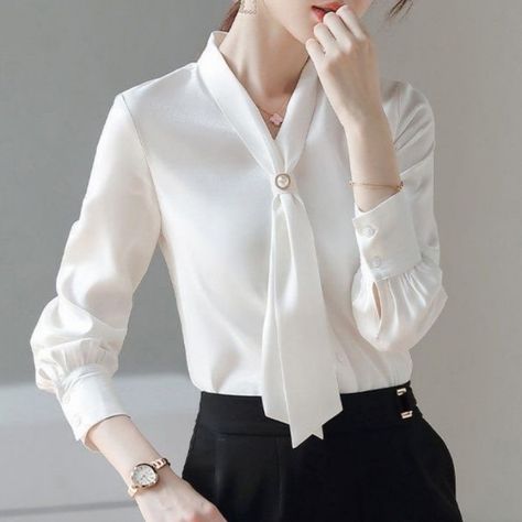 Tie Collar, Bow Tie Collar, Collar Top, 가을 패션, Cheap Fashion, Collar Blouse, Chiffon Blouse, Work Fashion, Blouse Styles