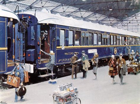 The Simplon Orient Express in France, photographed by Jack Birns | retours Albert Brenet, Le Train Bleu Paris, Orient Express Train, Simplon Orient Express, Airstream Campers, Art Final, Old Train Station, Blue Train, Lego Trains