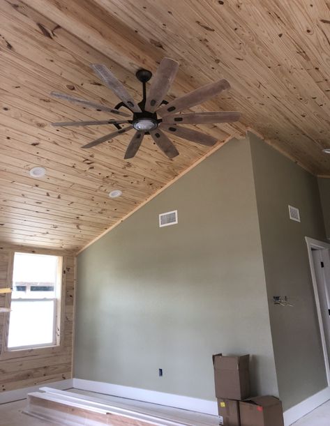 Vaulting Ceiling Before And After, Manufactured Home Ceiling Remodel, Trailer Home Remodel Single Wide, Double Wide Addition Ideas, Double Wide Interior, Pine Trim Interior, Mobile Home Living Room Ideas Doublewide, Knotty Pine Walls Makeover, Exterior Ranch Remodel