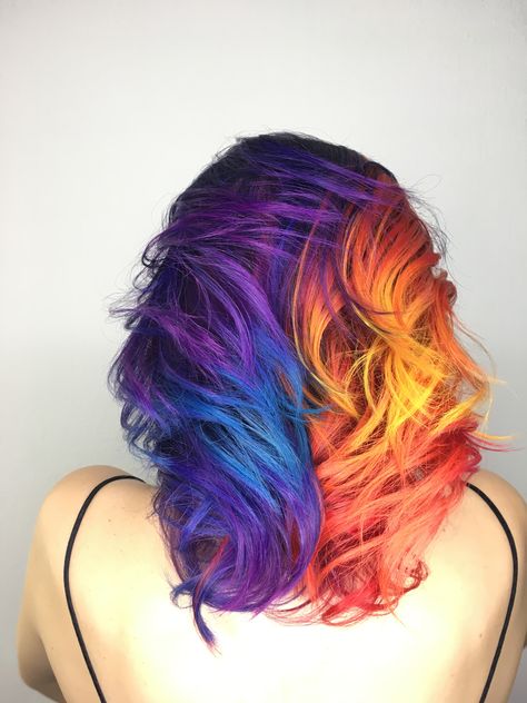 Fire And Ice Hair Color, Fire And Ice Hair, Flame Hair Color, Ice Hair Color, Ice Hair, Flame Hair, Ghibli Tattoo, Hair Magic, Woodsy Wedding