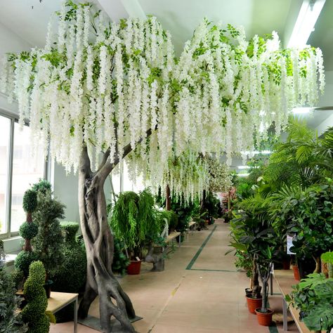 Indoor Wisteria, Artificial Trees Indoor Decor, Fake Tree Decor, Indoor Fake Tree, Artificial Trees Outdoor, White Blossom Tree, Fake Wisteria, Pink Wisteria, Hanging Wisteria