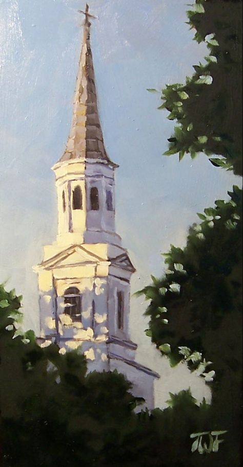 Charleston Watercolor Paintings, Church Watercolor Painting, Chapel Painting, Church Watercolor, Church Drawing, Church Illustration, Church Artwork, Church Painting, Southern Art