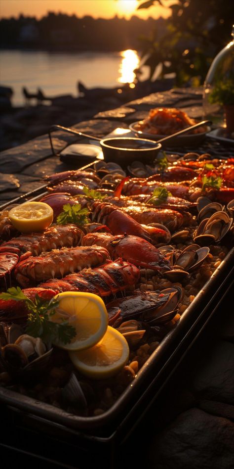 In the enchanting glow of a seaside sunset, a dramatic scene unfolds, meticulously captured by a Fujifilm camera focused on a seafood grill. The air is filled with the tantalizing aroma of the ocean as vibrant flames dance beneath a grill adorned with an array of marine treasures. The camera skillfully zooms in on the sizzling theatrics — succulent lobster tails, glistening prawns, and buttery scallops kissed by the open flames. The seafood's natural color Cooking On The Beach, Barbecue Aesthetic, William Core, Seafood Aesthetic, Aesthetic Seafood, Seafood Photography, Resort Food, Seafood Grill, Bbq Seafood