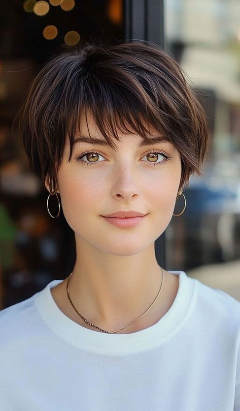 Short Pixel Haircut, Quirky Short Hairstyles, Long Pixie Haircut Straight Hair, Pixies With Bangs, Short Cuts For Straight Hair, Short Tapered Bob, Long Face Short Haircut, Pixie With Bangs Round Face, "bixie" Haircut Fine Hair